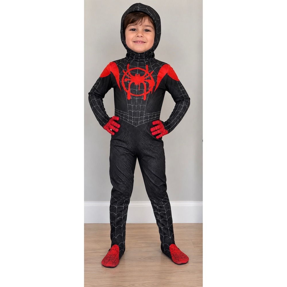 Miles Morales Spider-Man Costume Kids Black Red Spider-Verse Jumpsuit 3-4 Years
